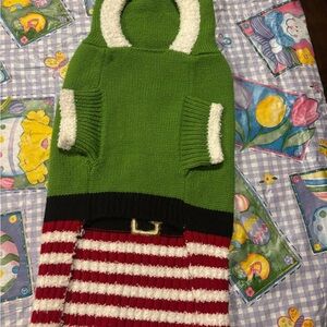 Green Holiday Dog  Hoodie Sweater with Red & White Striped Skirt Detail